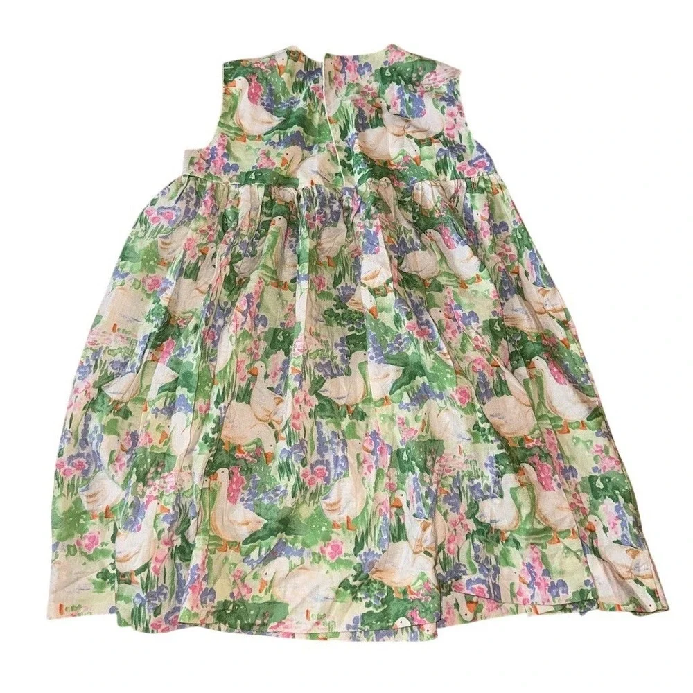 Homemade Girls A-Line Dress Size 4T Pastel Goose & Floral Print missing buttons